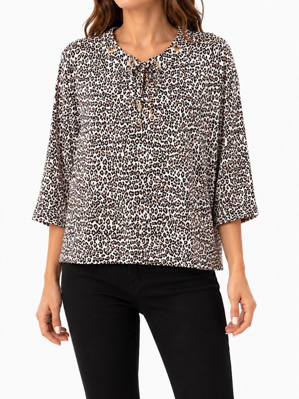 CHICO’S Petite Leopard Print Tie Neck Knit Blouse Top Career Size 2 Large Office